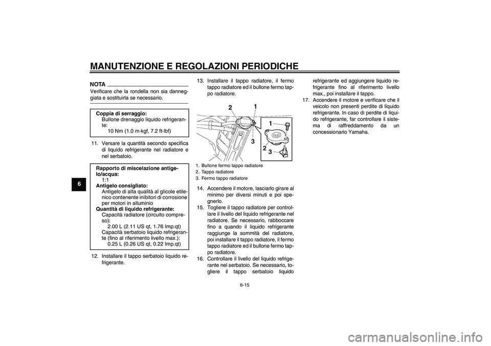 YAMAHA FZ6 SHG 2009  Manuale duso (in Italian) MANUTENZIONE E REGOLAZIONI PERIODICHE
6-15
6
NOTAVerificare che la rondella non sia danneg-giata e sostituirla se necessario.
11. Versare la quantità secondo specifica
di liquido refrigerante nel rad