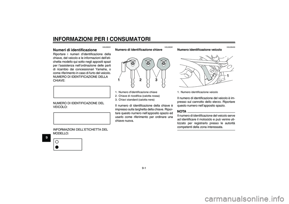 YAMAHA FZ6 SHG 2009 Manuale duso (in Italian) INFORMAZIONI PER I CONSUMATORI
9-1
9
HAU26351
Numeri di identificazione Riportare i numeri d’identificazione della
chiave, del veicolo e le informazioni dell’eti-
chetta modello qui sotto negli ap YAMAHA FZ6 SHG 2009 Manuale duso (in Italian) INFORMAZIONI PER I CONSUMATORI
9-1
9
HAU26351
Numeri di identificazione Riportare i numeri d’identificazione della
chiave, del veicolo e le informazioni dell’eti-
chetta modello qui sotto negli ap