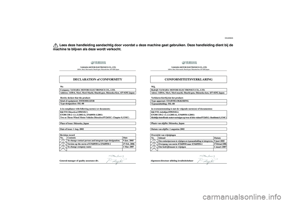 YAMAHA FZ6 SHG 2009  Instructieboekje (in Dutch) DAU26945
Lees deze handleiding aandachtig door voordat u deze machine gaat gebruiken. Deze handleiding dient bij de
machine te blijven als deze wordt verkocht.
DECLARATION of CONFORMITY
YAMAHA MOTOR E