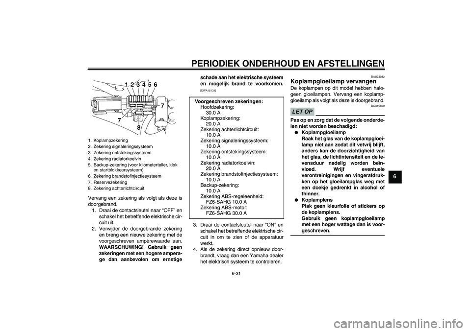 YAMAHA FZ6 SHG 2009  Instructieboekje (in Dutch) PERIODIEK ONDERHOUD EN AFSTELLINGEN
6-31
6
Vervang een zekering als volgt als deze is
doorgebrand.
1. Draai de contactsleutel naar “OFF” en
schakel het betreffende elektrische cir-
cuit uit.
2. Ve