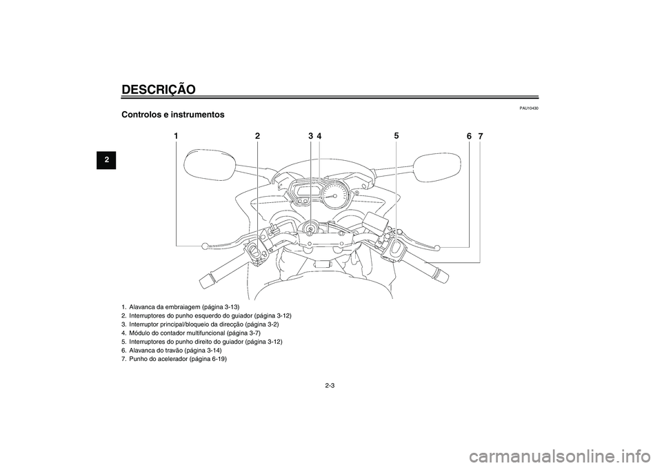 YAMAHA FZ6 SHG 2009 Manual de utilização (in Portuguese) DESCRIÇÃO
2-3
2
PAU10430
Controlos e instrumentos1. Alavanca da embraiagem (página 3-13)
2. Interruptores do punho esquerdo do guiador (página 3-12)
3. Interruptor principal/bloqueio da direcção YAMAHA FZ6 SHG 2009 Manual de utilização (in Portuguese) DESCRIÇÃO
2-3
2
PAU10430
Controlos e instrumentos1. Alavanca da embraiagem (página 3-13)
2. Interruptores do punho esquerdo do guiador (página 3-12)
3. Interruptor principal/bloqueio da direcção