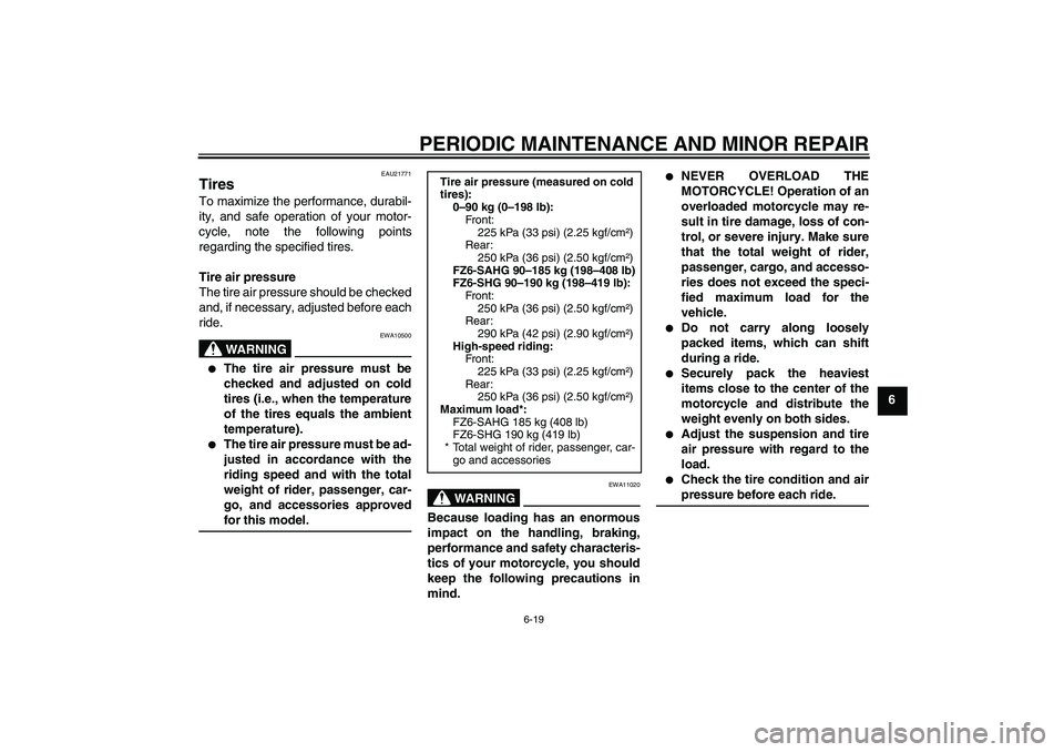 YAMAHA FZ6 SHG 2008  Owners Manual PERIODIC MAINTENANCE AND MINOR REPAIR
6-19
6
EAU21771
Tires To maximize the performance, durabil-
ity, and safe operation of your motor-
cycle, note the following points
regarding the specified tires.
