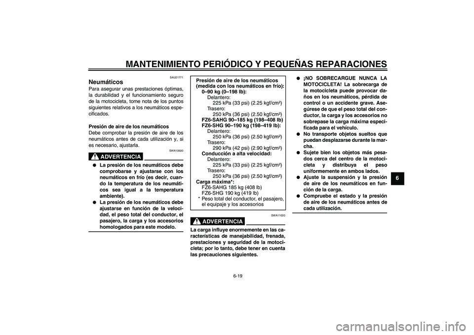 YAMAHA FZ6 SHG 2008  Manuale de Empleo (in Spanish) MANTENIMIENTO PERIÓDICO Y PEQUEÑAS REPARACIONES
6-19
6
SAU21771
Neumáticos Para asegurar unas prestaciones óptimas,
la durabilidad y el funcionamiento seguro
de la motocicleta, tome nota de los pu