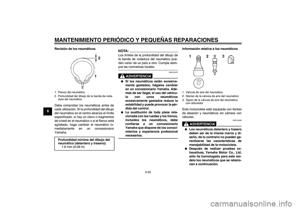 YAMAHA FZ6 SHG 2008  Manuale de Empleo (in Spanish) MANTENIMIENTO PERIÓDICO Y PEQUEÑAS REPARACIONES
6-20
6
Revisión de los neumáticos
Debe comprobar los neumáticos antes de
cada utilización. Si la profundidad del dibujo
del neumático en el centr