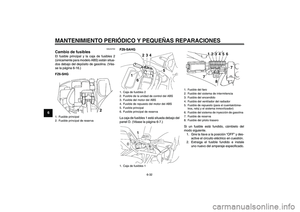 YAMAHA FZ6 SHG 2008  Manuale de Empleo (in Spanish) MANTENIMIENTO PERIÓDICO Y PEQUEÑAS REPARACIONES
6-32
6
SAU44700
Cambio de fusibles El fusible principal y la caja de fusibles 2
(únicamente para modelo ABS) están situa-
dos debajo del depósito d