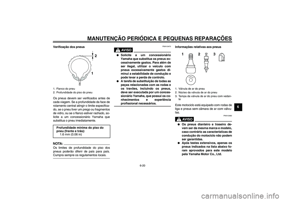 YAMAHA FZ6 SHG 2008  Manual de utilização (in Portuguese) MANUTENÇÃO PERIÓDICA E PEQUENAS REPARAÇÕES
6-20
6
Verificação dos pneus
Os pneus devem ser verificados antes de
cada viagem. Se a profundidade da face de
rolamento central atingir o limite espe