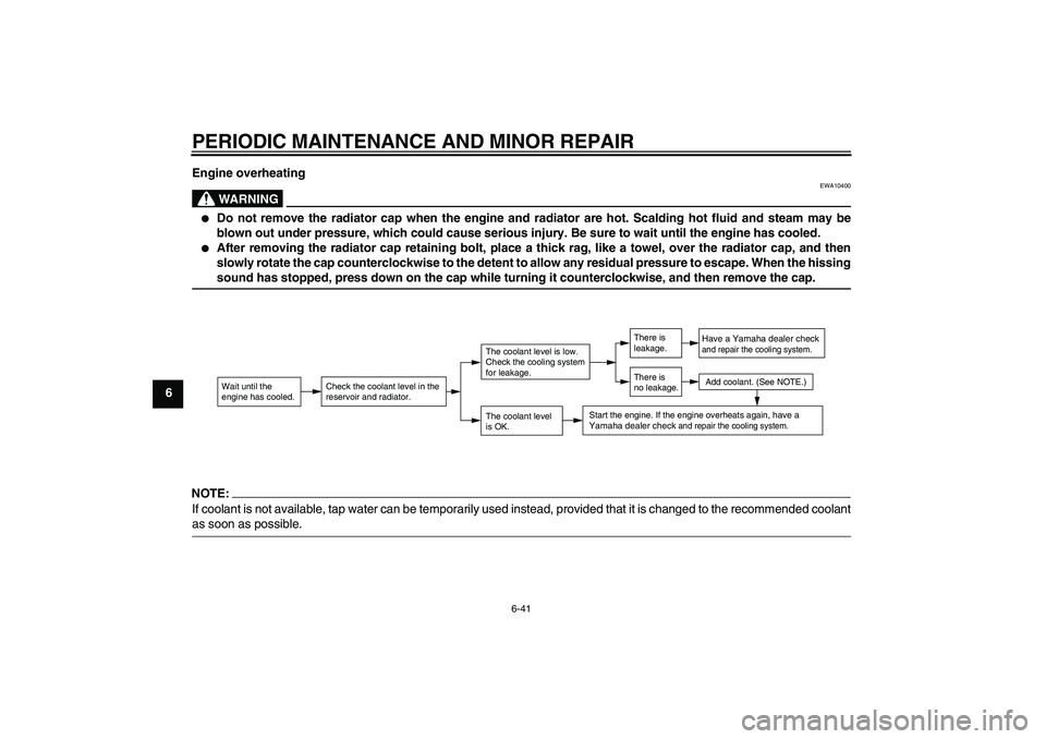 YAMAHA FZ6 SHG 2007  Owners Manual PERIODIC MAINTENANCE AND MINOR REPAIR
6-41
6Engine overheating
WARNING
EWA10400

Do not remove the radiator cap when the engine and radiator are hot. Scalding hot fluid and steam may be
blown out und