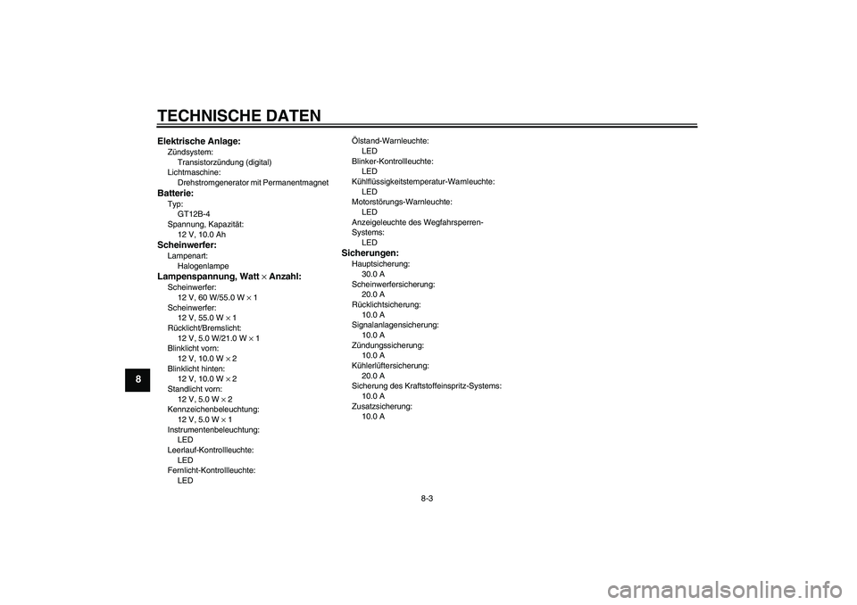 YAMAHA FZ6 SHG 2007  Betriebsanleitungen (in German) TECHNISCHE DATEN
8-3
8
Elektrische Anlage:Zündsystem:
Transistorzündung (digital)
Lichtmaschine:
Drehstromgenerator mit PermanentmagnetBatterie:Typ:
GT12B-4
Spannung, Kapazität:
12 V, 10.0 AhSchein