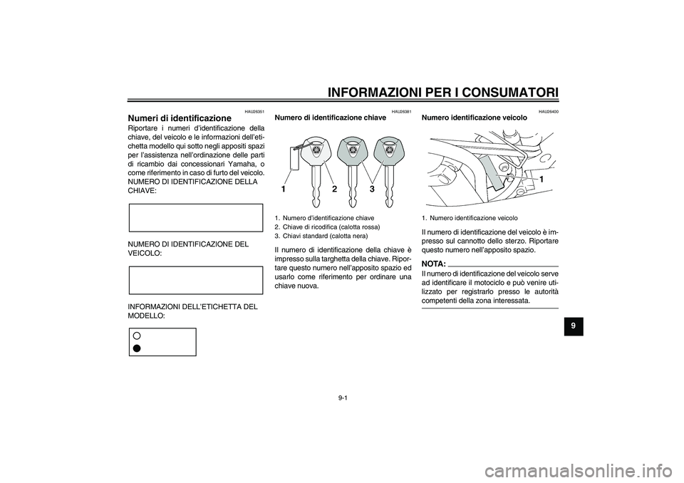 YAMAHA FZ6 SHG 2007 Manuale duso (in Italian) INFORMAZIONI PER I CONSUMATORI
9-1
9
HAU26351
Numeri di identificazione Riportare i numeri d’identificazione della
chiave, del veicolo e le informazioni dell’eti-
chetta modello qui sotto negli ap YAMAHA FZ6 SHG 2007 Manuale duso (in Italian) INFORMAZIONI PER I CONSUMATORI
9-1
9
HAU26351
Numeri di identificazione Riportare i numeri d’identificazione della
chiave, del veicolo e le informazioni dell’eti-
chetta modello qui sotto negli ap