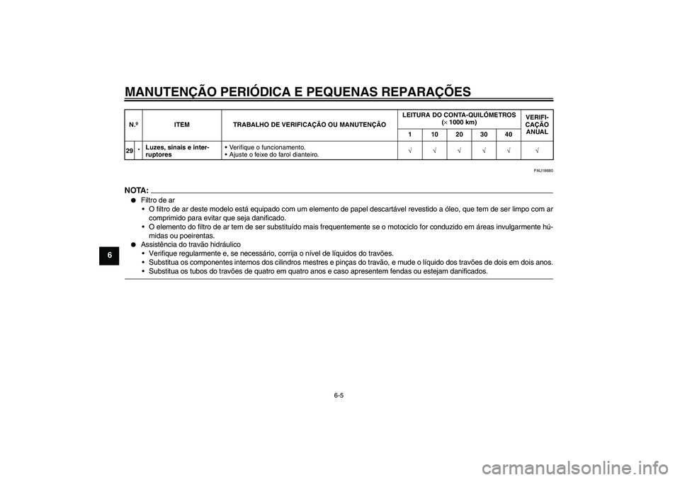 YAMAHA FZ6 SHG 2007  Manual de utilização (in Portuguese) MANUTENÇÃO PERIÓDICA E PEQUENAS REPARAÇÕES
6-5
6
PAU18680
NOTA :
Filtro de ar
O filtro de ar deste modelo está equipado com um elemento de papel descartável revestido a óleo, que tem de ser 