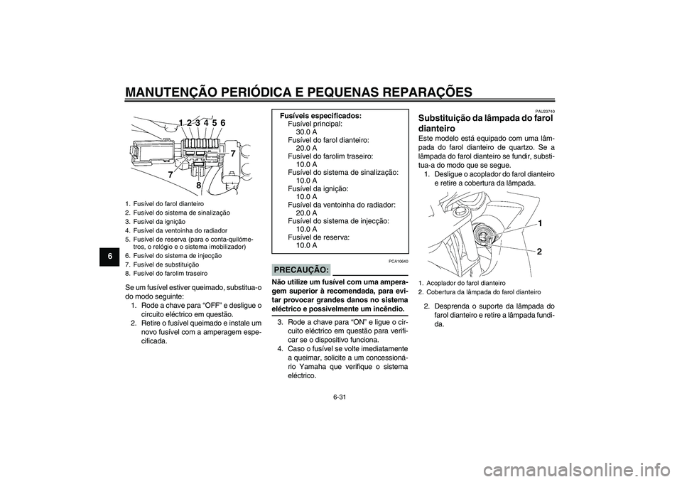 YAMAHA FZ6 SHG 2007  Manual de utilização (in Portuguese) MANUTENÇÃO PERIÓDICA E PEQUENAS REPARAÇÕES
6-31
6
Se um fusível estiver queimado, substitua-o
do modo seguinte:
1. Rode a chave para “OFF” e desligue o
circuito eléctrico em questão.
2. Re