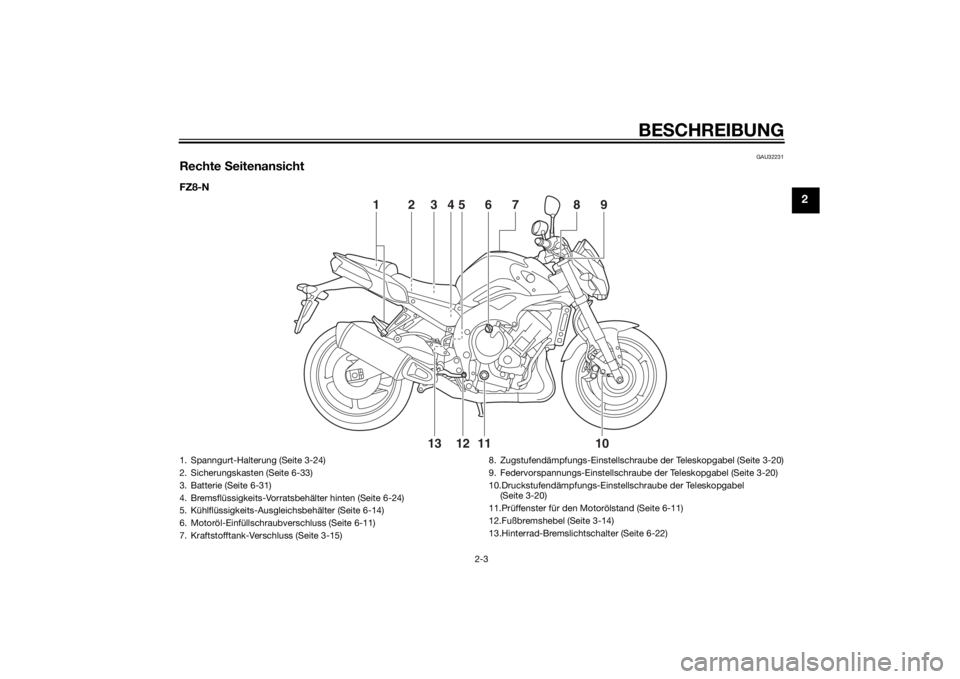 YAMAHA FZ8 N 2010 Betriebsanleitungen (in German) BESCHREIBUNG
2-3
2
GAU32231
Rechte SeitenansichtFZ8-N
11
10
13 12
23 5
469
8
7
1
1. Spanngurt-Halterung (Seite 3-24)
2. Sicherungskasten (Seite 6-33)
3. Batterie (Seite 6-31)
4. Bremsflüssigkeits-Vo YAMAHA FZ8 N 2010 Betriebsanleitungen (in German) BESCHREIBUNG
2-3
2
GAU32231
Rechte SeitenansichtFZ8-N
11
10
13 12
23 5
469
8
7
1
1. Spanngurt-Halterung (Seite 3-24)
2. Sicherungskasten (Seite 6-33)
3. Batterie (Seite 6-31)
4. Bremsflüssigkeits-Vo