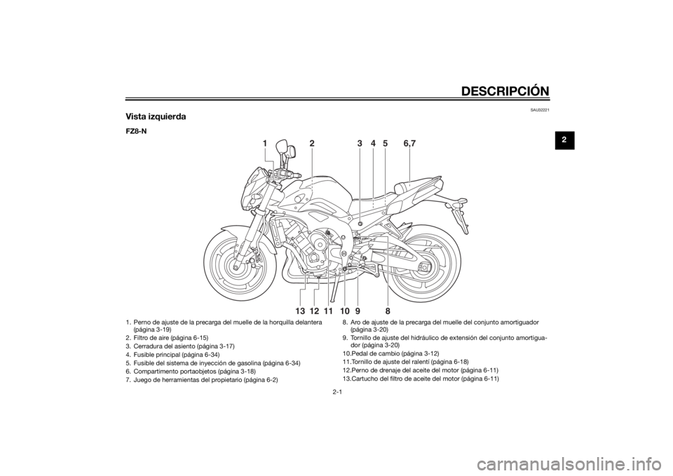 YAMAHA FZ8 N 2012  Manuale de Empleo (in Spanish) DESCRIPCIÓN
2-1
2
SAU32221
Vista izquierdaFZ8-N
2
1 3 6,754
12
13 11 10 9
8
1. Perno de ajuste de la precarga del muelle de la horquilla delantera 
(página 3-19)
2. Filtro de aire (página 6-15)
3. 