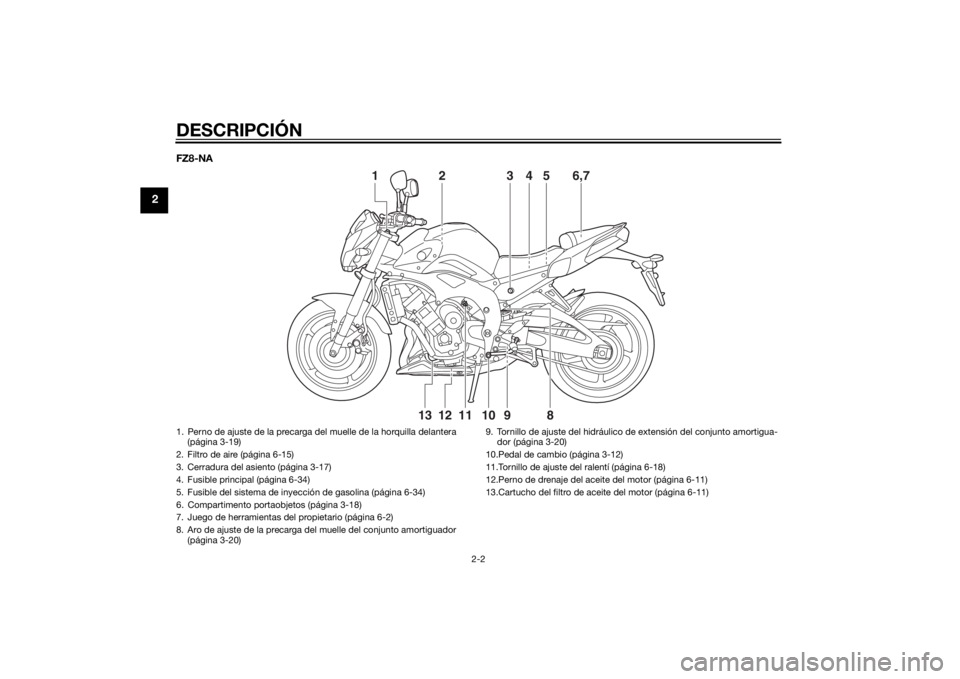 YAMAHA FZ8 N 2012 Manuale de Empleo (in Spanish) DESCRIPCIÓN
2-2
2
FZ8-NA
2
13 6,754
12
13 11 10 9
8
1. Perno de ajuste de la precarga del muelle de la horquilla delantera
(página 3-19)
2. Filtro de aire (página 6-15)
3. Cerradura del asiento (p YAMAHA FZ8 N 2012 Manuale de Empleo (in Spanish) DESCRIPCIÓN
2-2
2
FZ8-NA
2
13 6,754
12
13 11 10 9
8
1. Perno de ajuste de la precarga del muelle de la horquilla delantera
(página 3-19)
2. Filtro de aire (página 6-15)
3. Cerradura del asiento (p