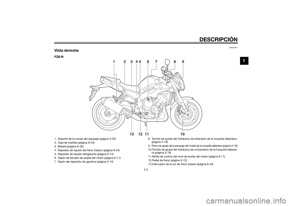 YAMAHA FZ8 N 2012  Manuale de Empleo (in Spanish) DESCRIPCIÓN
2-3
2
SAU32231
Vista derechaFZ8-N
11
10
13 12
23 5
469
8
7
1
1. Soporte de la correa del equipaje (página 3-22)
2. Caja de fusibles (página 6-34)
3. Batería (página 6-32)
4. Depósito