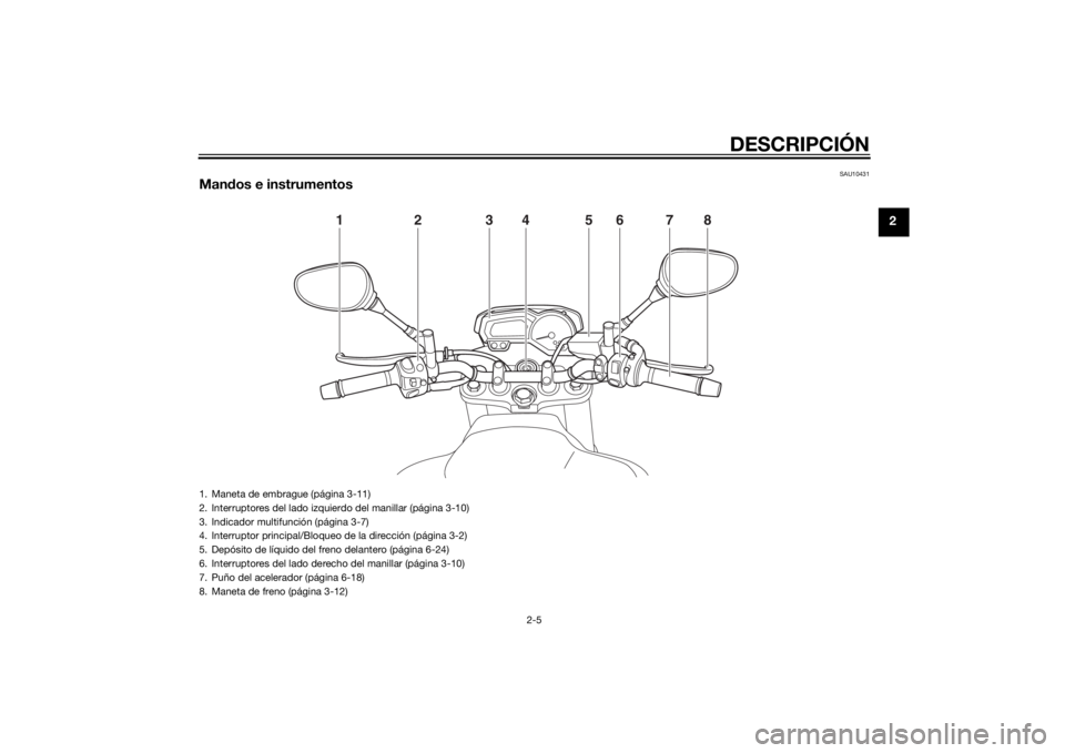 YAMAHA FZ8 N 2012 Manuale de Empleo (in Spanish) DESCRIPCIÓN
2-5
2
SAU10431
Mandos e instrumentos
123 5678
4
1. Maneta de embrague (página 3-11)
2. Interruptores del lado izquierdo del manillar (página 3-10)
3. Indicador multifunción (página 3- YAMAHA FZ8 N 2012 Manuale de Empleo (in Spanish) DESCRIPCIÓN
2-5
2
SAU10431
Mandos e instrumentos
123 5678
4
1. Maneta de embrague (página 3-11)
2. Interruptores del lado izquierdo del manillar (página 3-10)
3. Indicador multifunción (página 3-