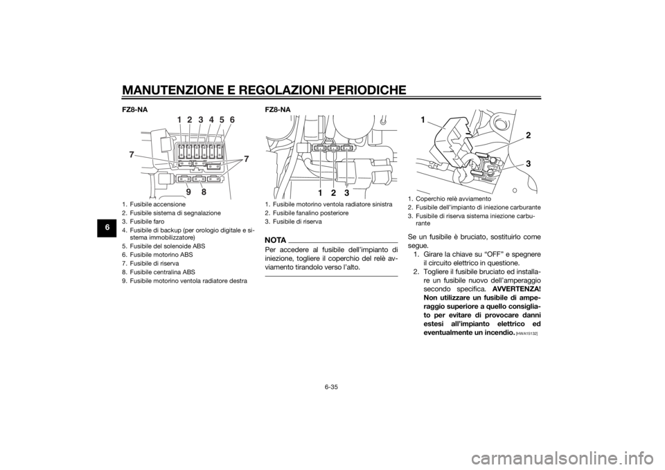 YAMAHA FZ8 N 2012 Manuale duso (in Italian) MANUTENZIONE E REGOLAZIONI PERIODICHE
6-35
6
FZ8-NAFZ8-NA
NOTAPer accedere al fusibile dell’impianto di
iniezione, togliere il coperchio del relè av-
viamento tirandolo verso l’alto.
Se un fusibi YAMAHA FZ8 N 2012 Manuale duso (in Italian) MANUTENZIONE E REGOLAZIONI PERIODICHE
6-35
6
FZ8-NAFZ8-NA
NOTAPer accedere al fusibile dell’impianto di
iniezione, togliere il coperchio del relè av-
viamento tirandolo verso l’alto.
Se un fusibi