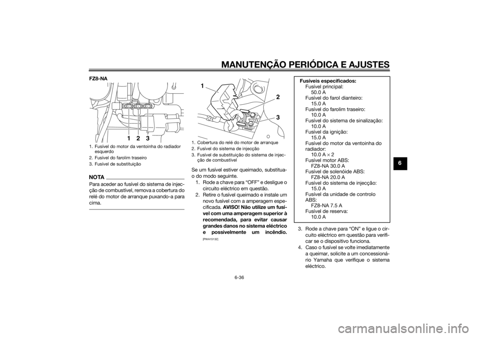 YAMAHA FZ8 N 2015 Manual de utilização (in Portuguese) MANUTENÇÃO PERIÓDICA E AJUSTES
6-36
6
FZ8-NANOTAPara aceder ao fusível do sistema de injec-
ção de combustível, remova a cobertura do
relé do motor de arranque puxando-a para
cima.
Se um fusí YAMAHA FZ8 N 2015 Manual de utilização (in Portuguese) MANUTENÇÃO PERIÓDICA E AJUSTES
6-36
6
FZ8-NANOTAPara aceder ao fusível do sistema de injec-
ção de combustível, remova a cobertura do
relé do motor de arranque puxando-a para
cima.
Se um fusí
