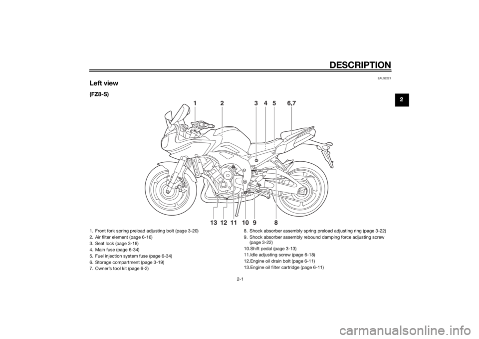 YAMAHA FZ8 S 2010  Owners Manual DESCRIPTION
2-1
2
EAU32221
Left view(FZ8-S)
2
13 6,754
11 10
9
8
12
13
1. Front fork spring preload adjusting bolt (page 3-20)
2. Air filter element (page 6-16)
3. Seat lock (page 3-18)
4. Main fuse (