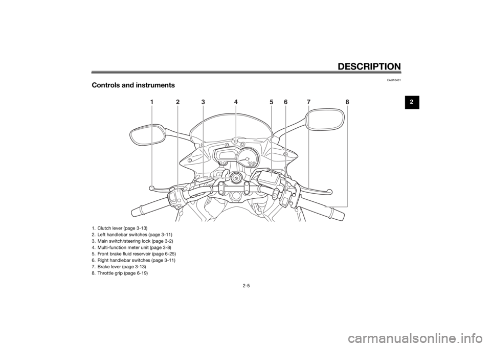 YAMAHA FZ8 S 2012 User Guide DESCRIPTION
2-5
2
EAU10431
Controls and instruments
123 567
8
4
1. Clutch lever (page 3-13)
2. Left handlebar switches (page 3-11)
3. Main switch/steering lock (page 3-2)
4. Multi-function meter unit YAMAHA FZ8 S 2012 User Guide DESCRIPTION
2-5
2
EAU10431
Controls and instruments
123 567
8
4
1. Clutch lever (page 3-13)
2. Left handlebar switches (page 3-11)
3. Main switch/steering lock (page 3-2)
4. Multi-function meter unit