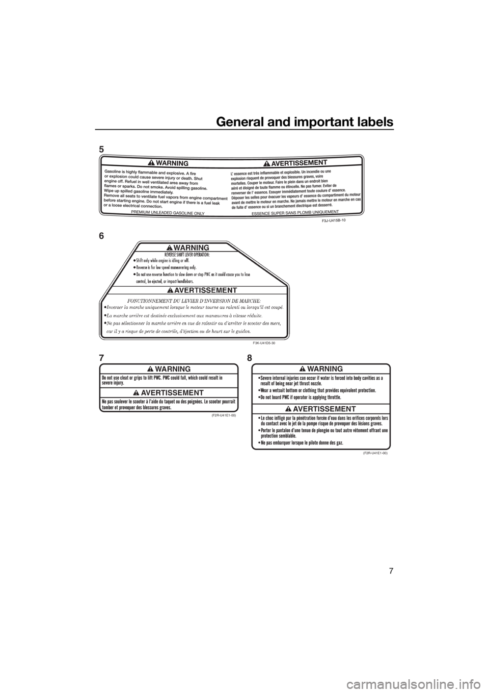 YAMAHA FZR 2015 User Guide General and important labels
7
WARNING
AVERTISSEMENT
WARNING
AVERTISSEMENT(F2R-U41E1-00)
(F2R-U41E1-00)
F3K-U41D5-30
5
6
78
UF3L71E0.book  Page 7  Monday, June 30, 2014  9:06 AM 