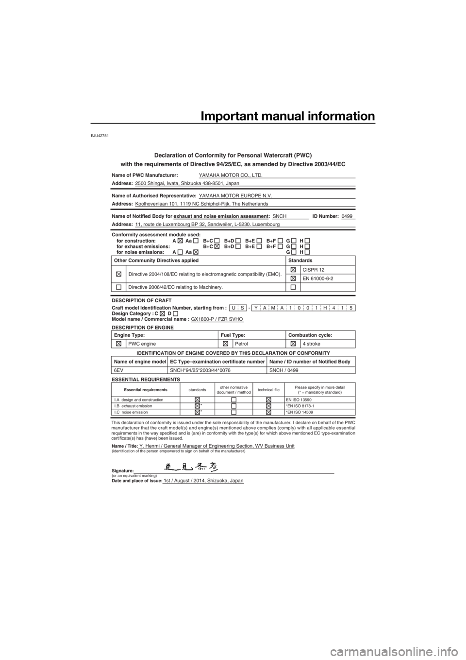 YAMAHA FZR 2015 Owners Manual Important manual information
EJU42751
Declaration of Conformity for Personal Watercraft (PWC)
with the requirements of Directive 94/25/EC, as amended by Directive 2003/44/EC
Name of PWC Manufacturer:Y YAMAHA FZR 2015 Owners Manual Important manual information
EJU42751
Declaration of Conformity for Personal Watercraft (PWC)
with the requirements of Directive 94/25/EC, as amended by Directive 2003/44/EC
Name of PWC Manufacturer:Y