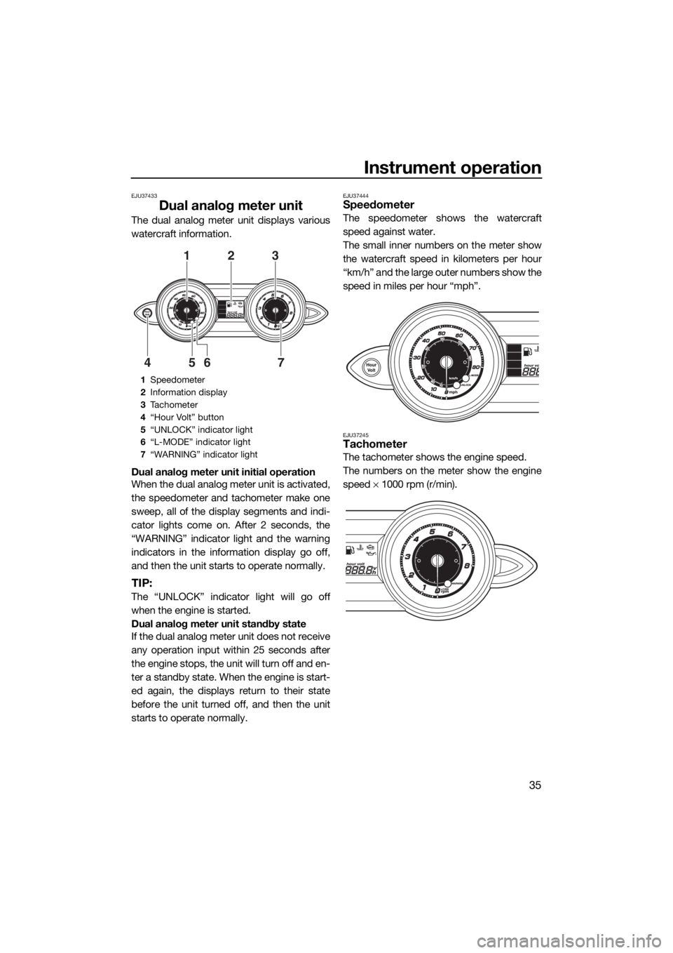 YAMAHA FZR 2015 Owners Manual Instrument operation
35
EJU37433
Dual analog meter unit
The dual analog meter unit displays various
watercraft information.
Dual analog meter unit initial operation
When the dual analog meter unit is YAMAHA FZR 2015 Owners Manual Instrument operation
35
EJU37433
Dual analog meter unit
The dual analog meter unit displays various
watercraft information.
Dual analog meter unit initial operation
When the dual analog meter unit is