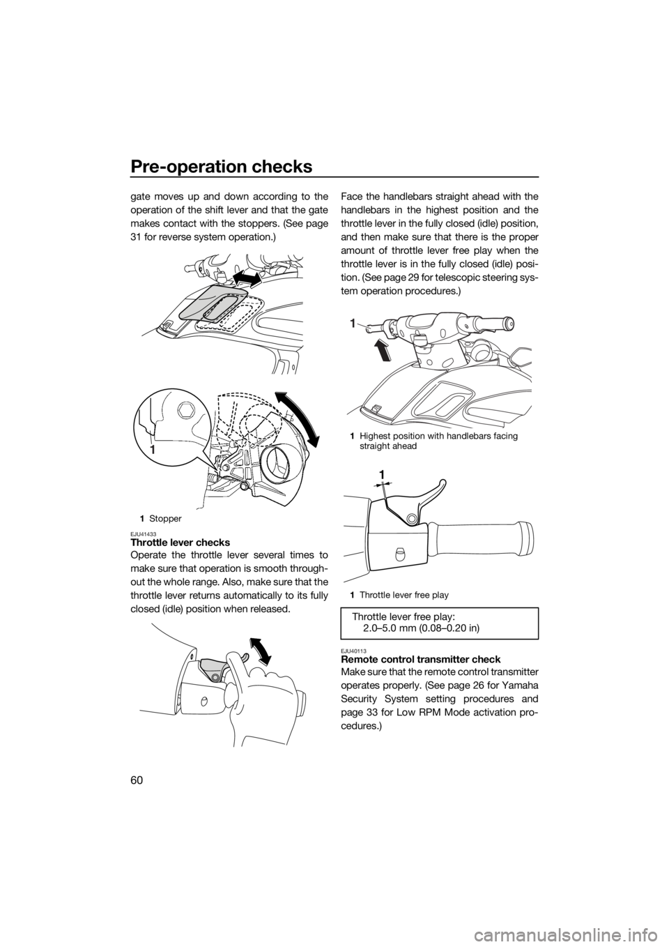 YAMAHA FZR 2015  Owners Manual Pre-operation checks
60
gate moves up and down according to the
operation of the shift lever and that the gate
makes contact with the stoppers. (See page
31 for reverse system operation.)
EJU41433Thro