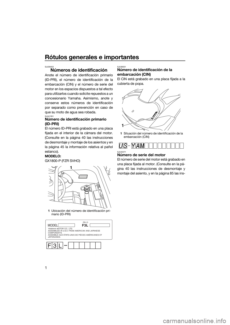 YAMAHA FZR 2015  Manuale de Empleo (in Spanish) Rótulos generales e importantes
1
SJU36452
Números de identificación
Anote el número de identificación primario
(ID-PRI), el número de identificación de la
embarcación (CIN) y el número de se