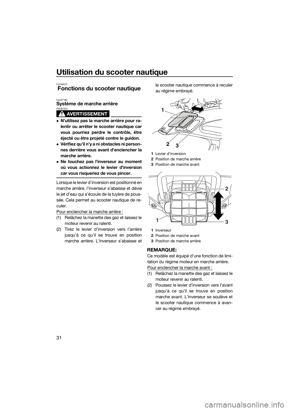 YAMAHA FZR 2015  Notices Demploi (in French) Utilisation du scooter nautique
31
FJU40013
Fonctions du scooter nautique
FJU37183Système de marche arrière
AVERTISSEMENT
FWJ01231
N’utilisez pas la marche arrière pour ra-
lentir ou arrêter 