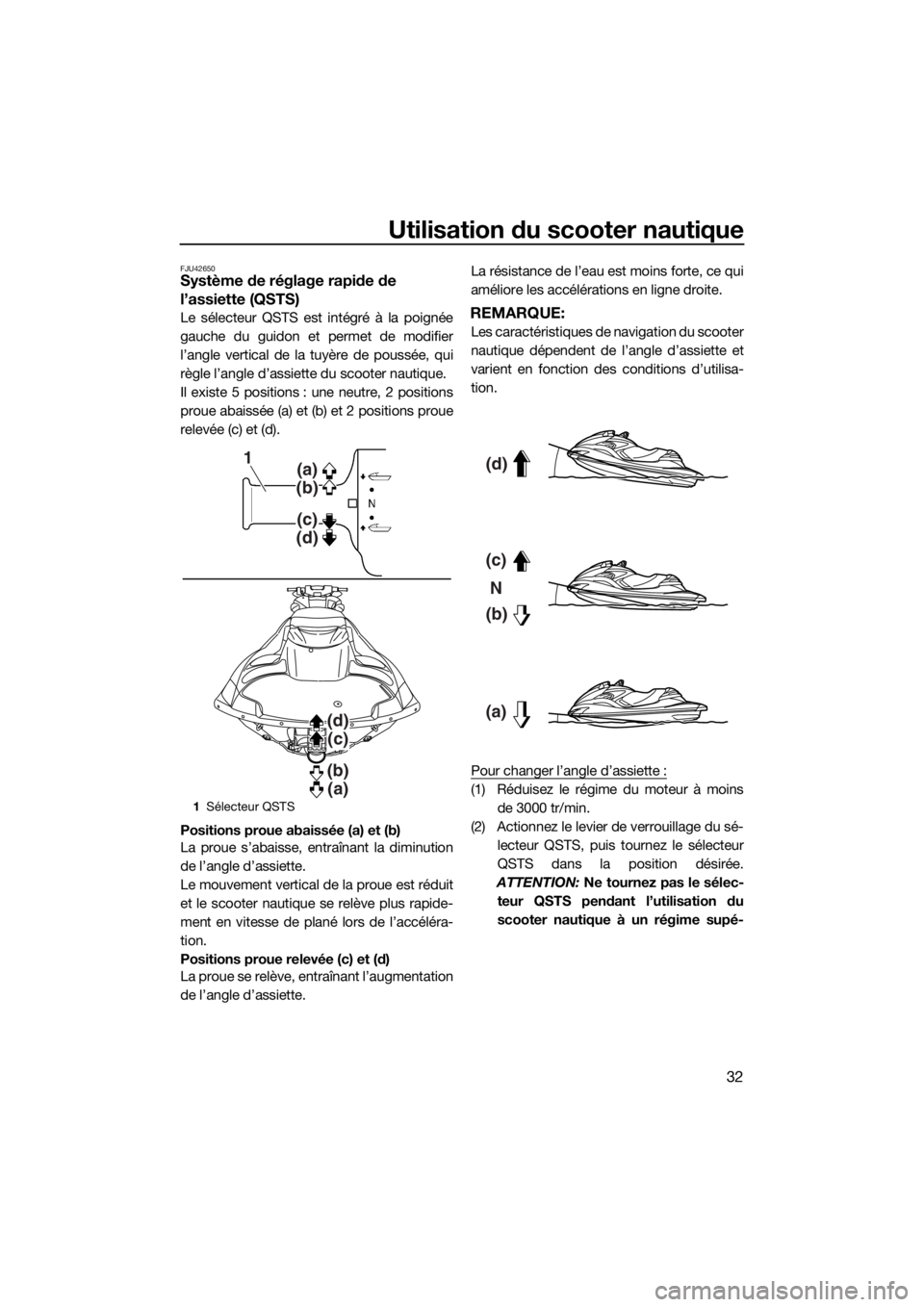 YAMAHA FZR 2015 Notices Demploi (in French) Utilisation du scooter nautique
32
FJU42650Système de réglage rapide de
l’assiette (QSTS)
Le sélecteur QSTS est intégré à la poignée
gauche du guidon et permet de modifier
l’angle vertical YAMAHA FZR 2015 Notices Demploi (in French) Utilisation du scooter nautique
32
FJU42650Système de réglage rapide de
l’assiette (QSTS)
Le sélecteur QSTS est intégré à la poignée
gauche du guidon et permet de modifier
l’angle vertical