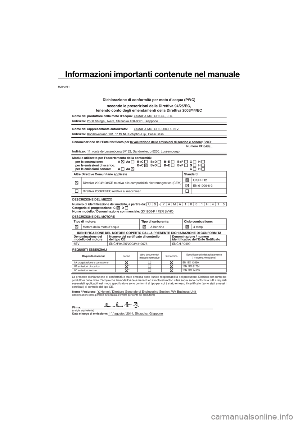 YAMAHA FZR 2015 Manuale duso (in Italian) Informazioni importanti contenute nel manuale
HJU42751
Dichiarazione di conformità per moto d’acqua (PWC)
secondo le prescrizioni della Direttiva 94/25/EC,
tenendo conto degli emendamenti della Dir YAMAHA FZR 2015 Manuale duso (in Italian) Informazioni importanti contenute nel manuale
HJU42751
Dichiarazione di conformità per moto d’acqua (PWC)
secondo le prescrizioni della Direttiva 94/25/EC,
tenendo conto degli emendamenti della Dir