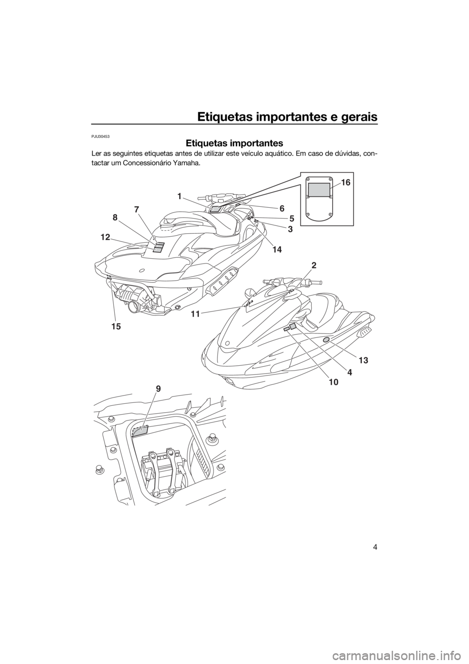 YAMAHA FZR 2015 Manual de utilização (in Portuguese) Etiquetas importantes e gerais
4
PJU30453
Etiquetas importantes
Ler as seguintes etiquetas antes de utilizar este veículo aquático. Em caso de dúvidas, con-
tactar um Concessionário Yamaha.
1
5
4
YAMAHA FZR 2015 Manual de utilização (in Portuguese) Etiquetas importantes e gerais
4
PJU30453
Etiquetas importantes
Ler as seguintes etiquetas antes de utilizar este veículo aquático. Em caso de dúvidas, con-
tactar um Concessionário Yamaha.
1
5
4