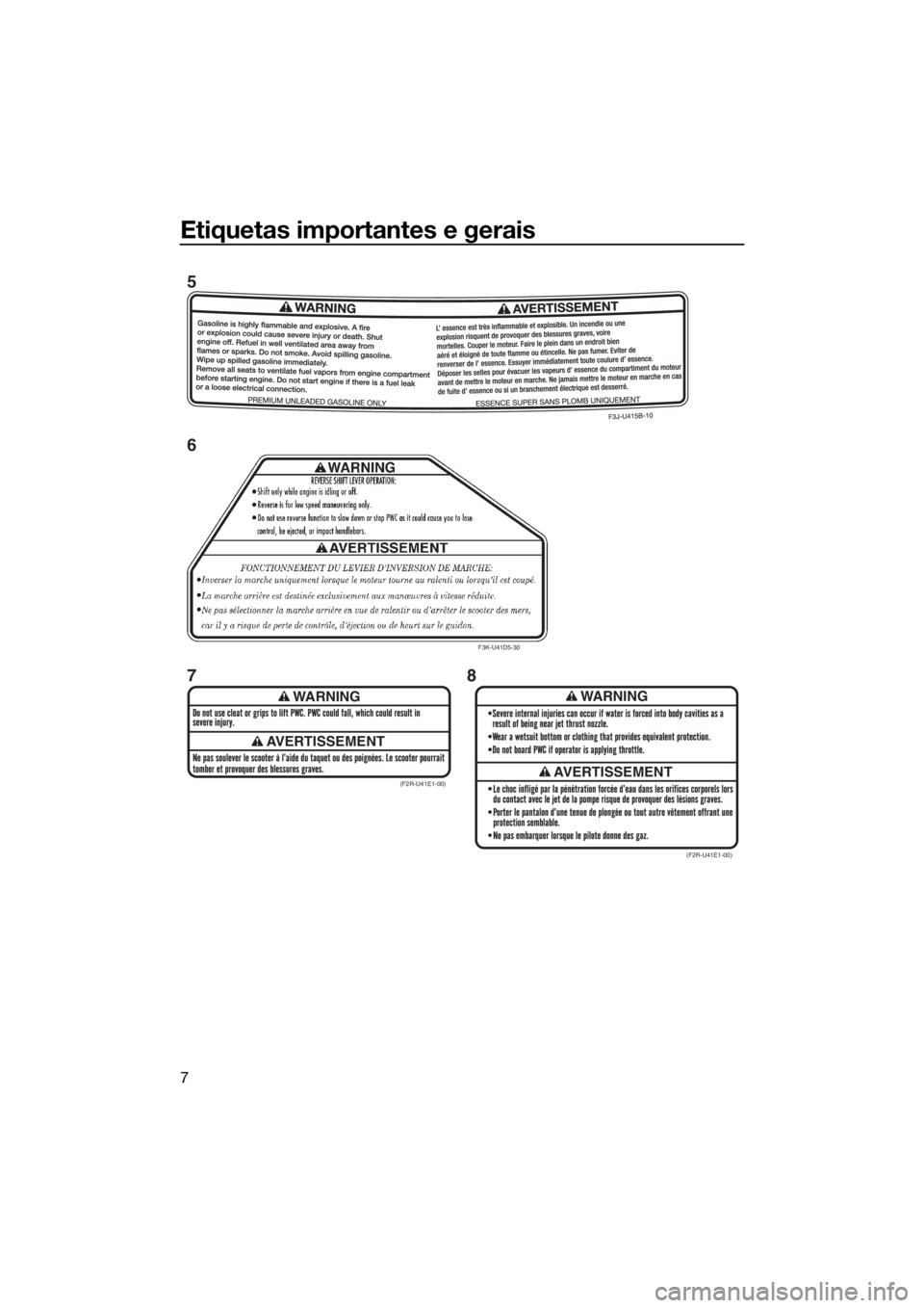 YAMAHA FZR 2015 Manual de utilização (in Portuguese) Etiquetas importantes e gerais
7
WARNING
AVERTISSEMENT
WARNING
AVERTISSEMENT(F2R-U41E1-00)
(F2R-U41E1-00)
F3K-U41D5-30
5
6
78
UF3L71P0.book Page 7 Friday, June 13, 2014 5:14 PM YAMAHA FZR 2015 Manual de utilização (in Portuguese) Etiquetas importantes e gerais
7
WARNING
AVERTISSEMENT
WARNING
AVERTISSEMENT(F2R-U41E1-00)
(F2R-U41E1-00)
F3K-U41D5-30
5
6
78
UF3L71P0.book Page 7 Friday, June 13, 2014 5:14 PM