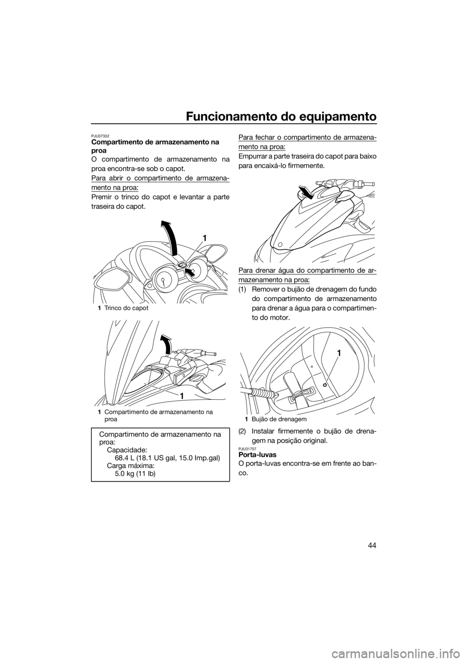 YAMAHA FZR 2015 Manual de utilização (in Portuguese) Funcionamento do equipamento
44
PJU37332Compartimento de armazenamento na
proa
O compartimento de armazenamento na
proa encontra-se sob o capot.
Para abrir o compartimento de armazena-
mento na proa: YAMAHA FZR 2015 Manual de utilização (in Portuguese) Funcionamento do equipamento
44
PJU37332Compartimento de armazenamento na
proa
O compartimento de armazenamento na
proa encontra-se sob o capot.
Para abrir o compartimento de armazena-
mento na proa: