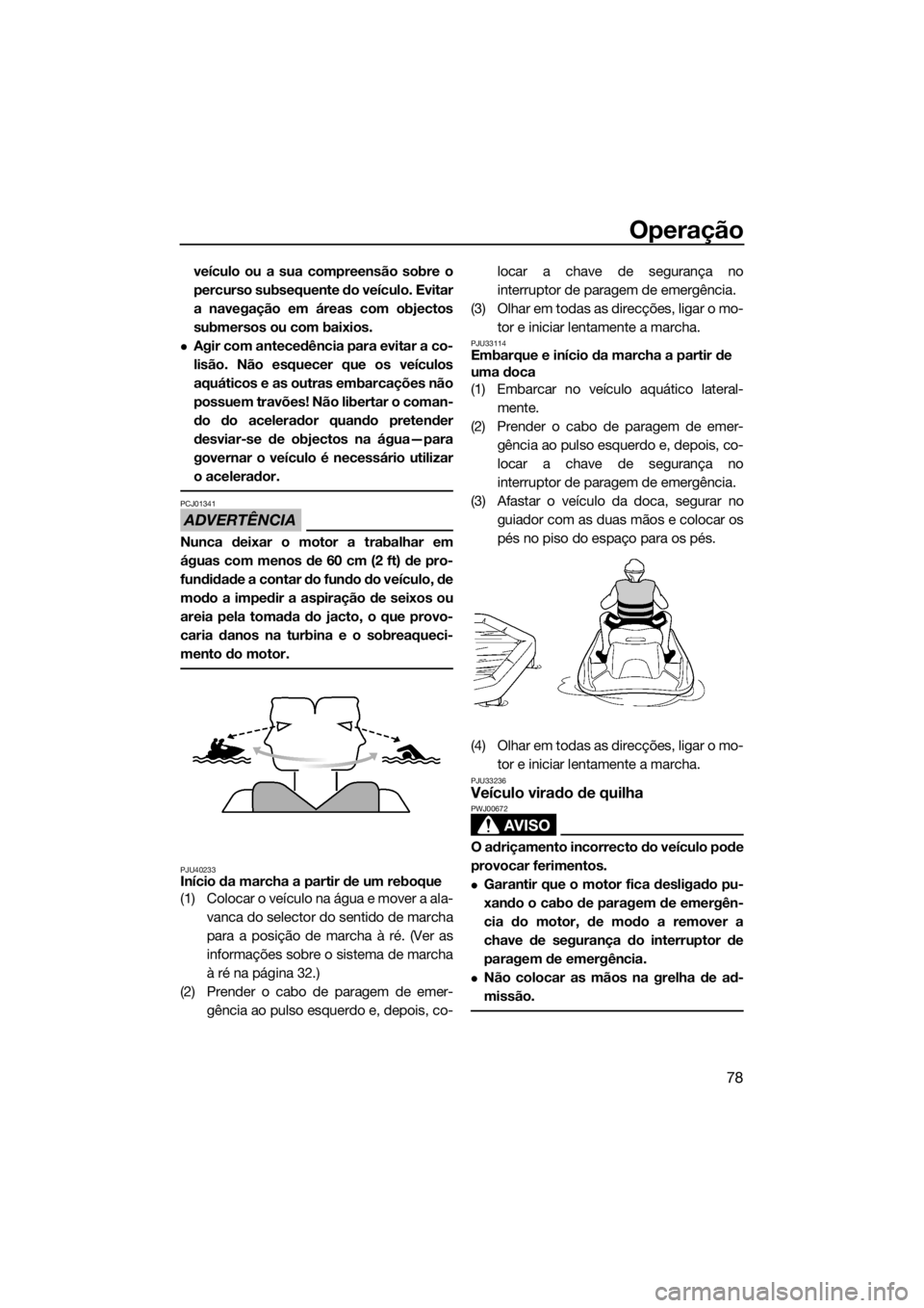 YAMAHA FZR 2015 Manual de utilização (in Portuguese) Operação
78
veículo ou a sua compreensão sobre o
percurso subsequente do veículo. Evitar
a navegação em áreas com objectos
submersos ou com baixios.
Agir com antecedência para evitar a co- YAMAHA FZR 2015 Manual de utilização (in Portuguese) Operação
78
veículo ou a sua compreensão sobre o
percurso subsequente do veículo. Evitar
a navegação em áreas com objectos
submersos ou com baixios.
Agir com antecedência para evitar a co-