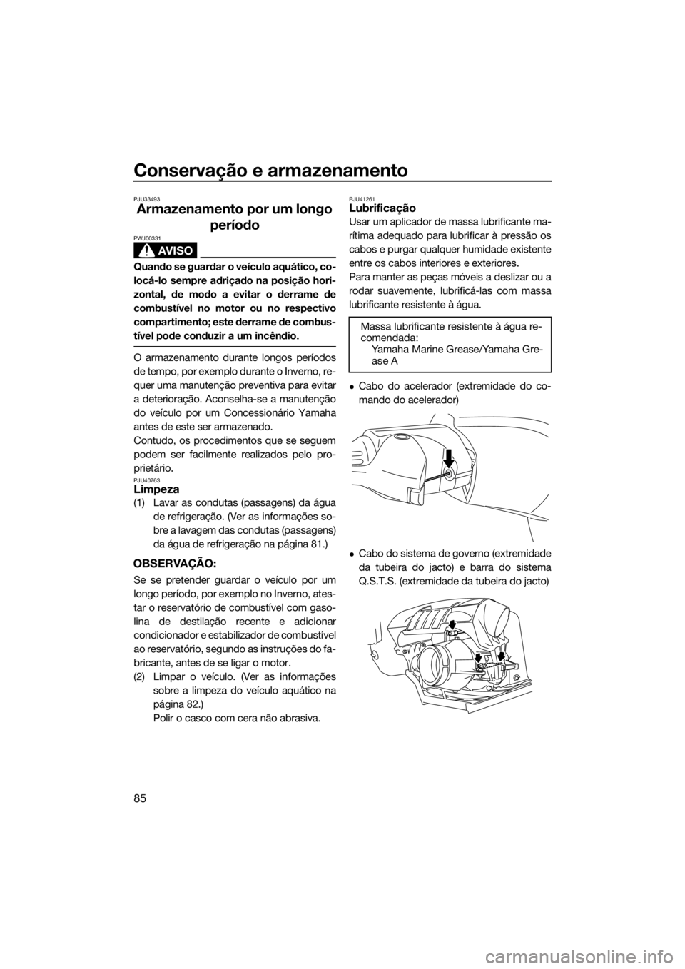YAMAHA FZR 2015 Manual de utilização (in Portuguese) Conservação e armazenamento
85
PJU33493
Armazenamento por um longo
período
AVISO
PWJ00331
Quando se guardar o veículo aquático, co-
locá-lo sempre adriçado na posição hori-
zontal, de modo a YAMAHA FZR 2015 Manual de utilização (in Portuguese) Conservação e armazenamento
85
PJU33493
Armazenamento por um longo
período
AVISO
PWJ00331
Quando se guardar o veículo aquático, co-
locá-lo sempre adriçado na posição hori-
zontal, de modo a