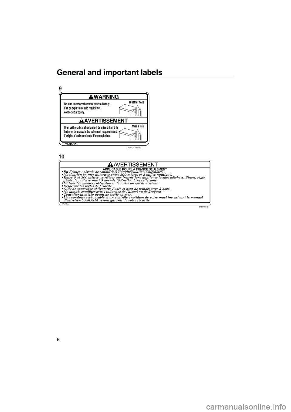 YAMAHA FZR 2013 User Guide General and important labels
8
UF2R74E0.book  Page 8  Wednesday, August 22, 2012  2:26 PM 