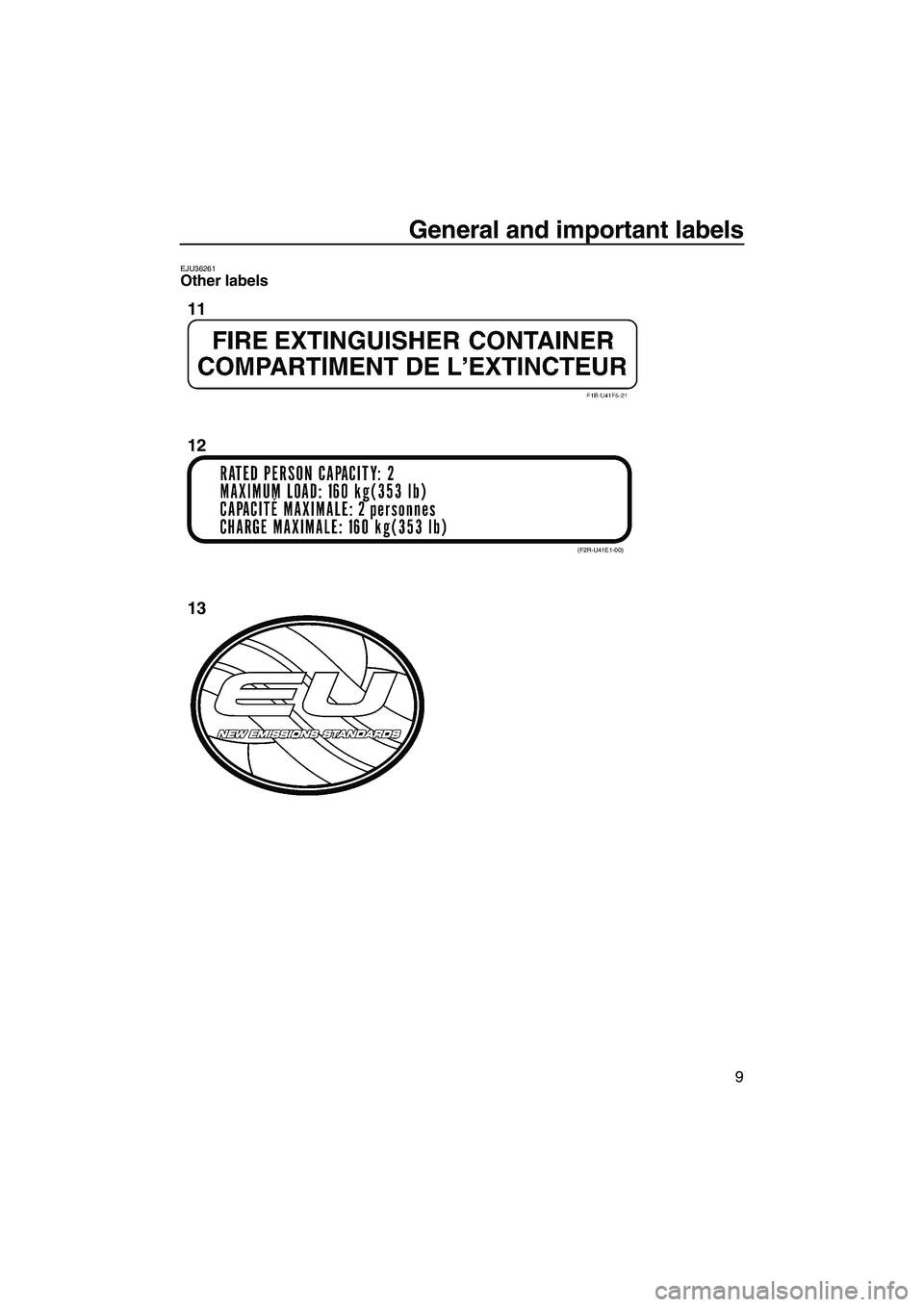 YAMAHA FZR 2013 User Guide General and important labels
9
EJU36261Other labels 
(F2R-U41E1-00)
11
12
13
UF2R74E0.book  Page 9  Wednesday, August 22, 2012  2:26 PM 