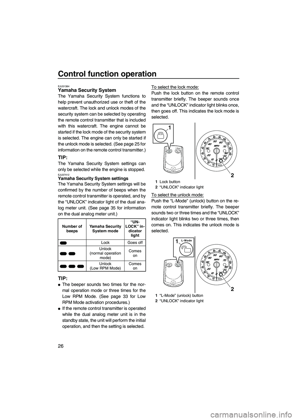 YAMAHA FZR 2013 Owners Guide Control function operation
26
EJU31384Yamaha Security System
The Yamaha Security System functions to
help prevent unauthorized use or theft of the
watercraft. The lock and unlock modes of the
securit YAMAHA FZR 2013 Owners Guide Control function operation
26
EJU31384Yamaha Security System
The Yamaha Security System functions to
help prevent unauthorized use or theft of the
watercraft. The lock and unlock modes of the
securit