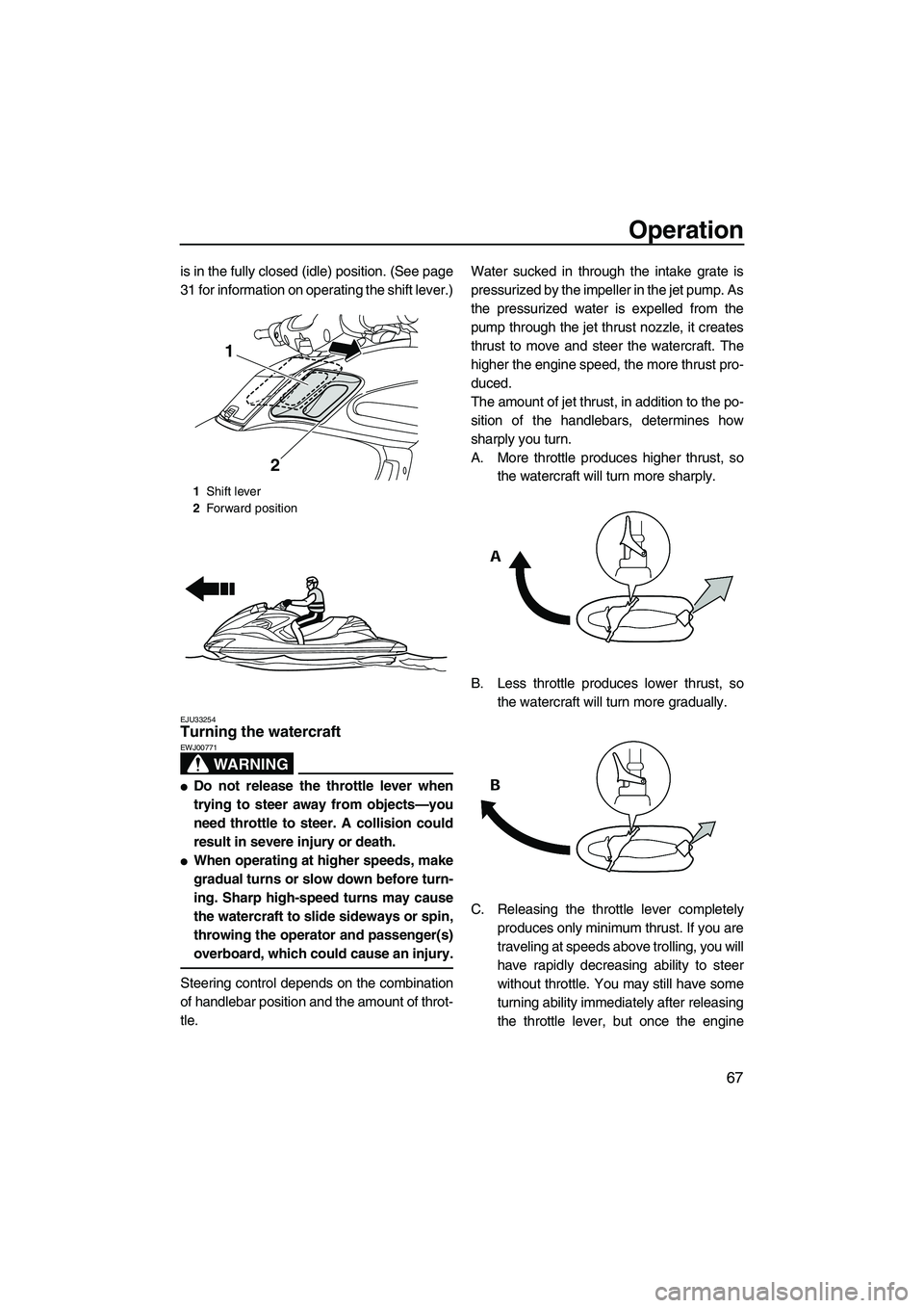 YAMAHA FZR 2013 Manual PDF Operation
67
is in the fully closed (idle) position. (See page
31 for information on operating the shift lever.)
EJU33254Turning the watercraft 
WARNING
EWJ00771
●Do not release the throttle lever w YAMAHA FZR 2013 Manual PDF Operation
67
is in the fully closed (idle) position. (See page
31 for information on operating the shift lever.)
EJU33254Turning the watercraft 
WARNING
EWJ00771
●Do not release the throttle lever w
