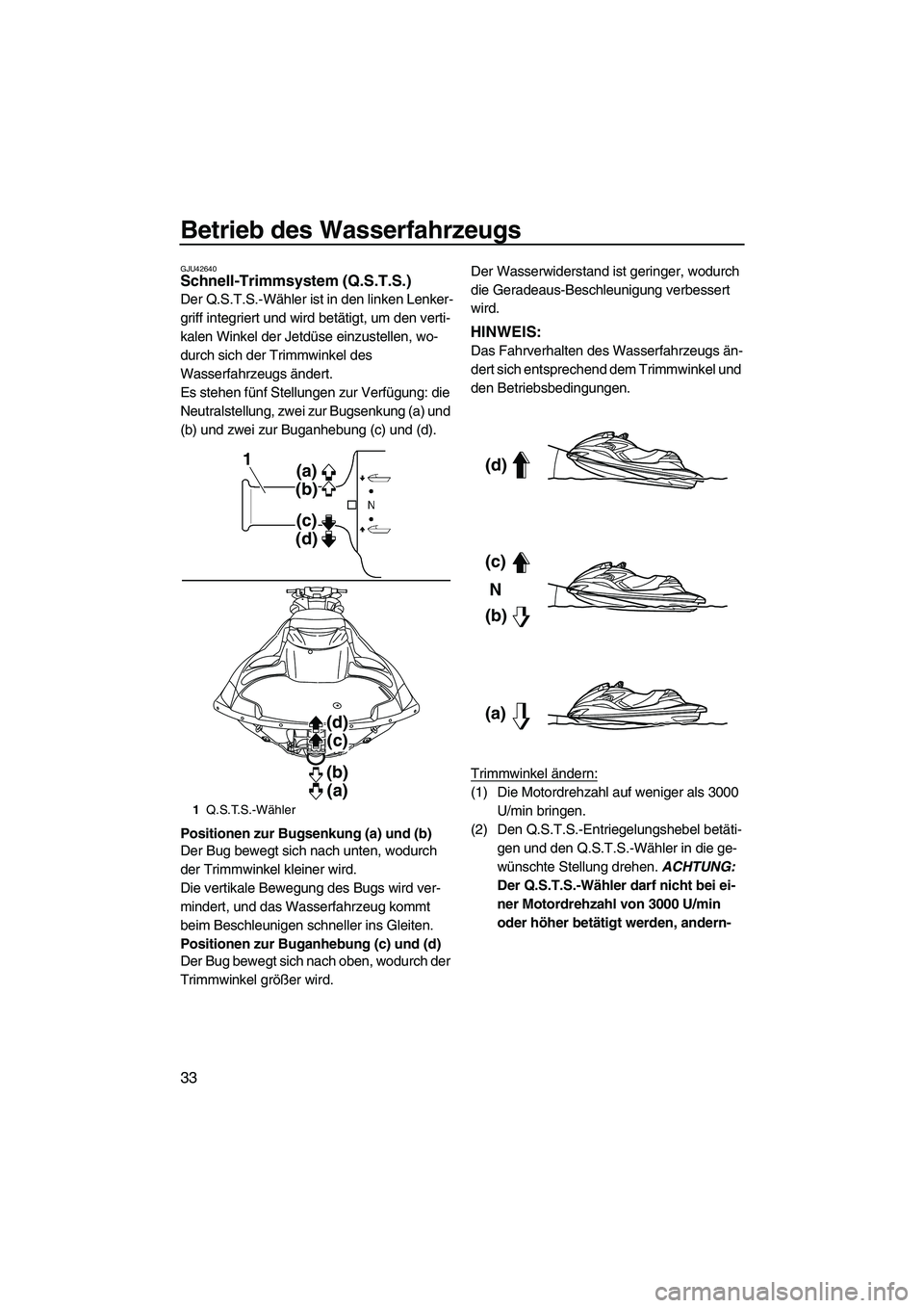 YAMAHA FZR 2013  Betriebsanleitungen (in German) Betrieb des Wasserfahrzeugs
33
GJU42640Schnell-Trimmsystem (Q.S.T.S.) 
Der Q.S.T.S.-Wähler ist in den linken Lenker-
griff integriert und wird betätigt, um den verti-
kalen Winkel der Jetdüse einzu