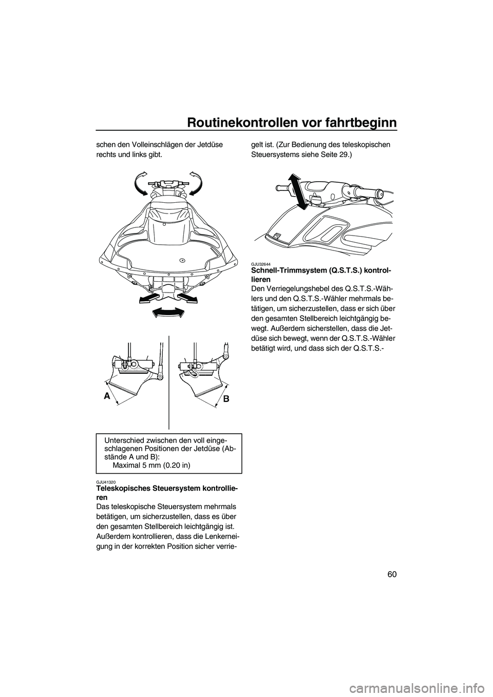 YAMAHA FZR 2013 Betriebsanleitungen (in German) Routinekontrollen vor fahrtbeginn
60
schen den Volleinschlägen der Jetdüse
rechts und links gibt.
GJU41320Teleskopisches Steuersystem kontrollie-
ren
Das teleskopische Steuersystem mehrmals
betä YAMAHA FZR 2013 Betriebsanleitungen (in German) Routinekontrollen vor fahrtbeginn
60
schen den Volleinschlägen der Jetdüse
rechts und links gibt.
GJU41320Teleskopisches Steuersystem kontrollie-
ren
Das teleskopische Steuersystem mehrmals
betä