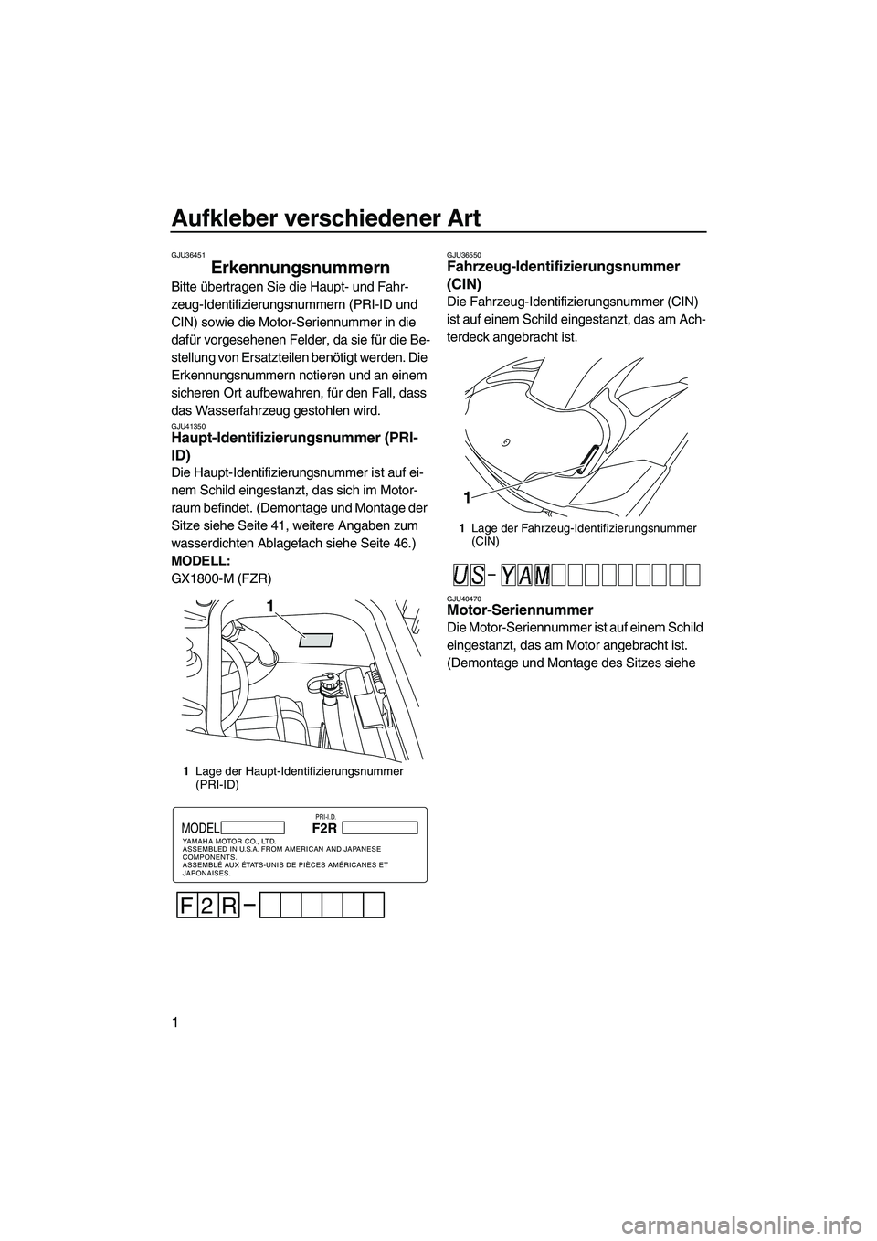 YAMAHA FZR 2013  Betriebsanleitungen (in German) Aufkleber verschiedener Art
1
GJU36451
Erkennungsnummern 
Bitte übertragen Sie die Haupt- und Fahr-
zeug-Identifizierungsnummern (PRI-ID und 
CIN) sowie die Motor-Seriennummer in die 
dafür vorgeseh