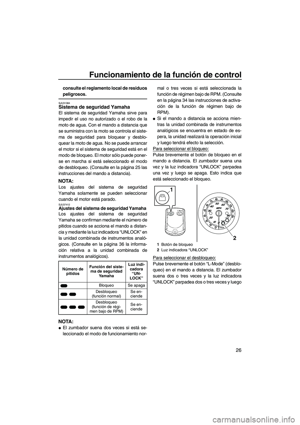 YAMAHA FZR 2013  Manuale de Empleo (in Spanish) Funcionamiento de la función de control
26
consulte el reglamento local de residuos
peligrosos.
SJU31384Sistema de seguridad Yamaha 
El sistema de seguridad Yamaha sirve para
impedir el uso no autori