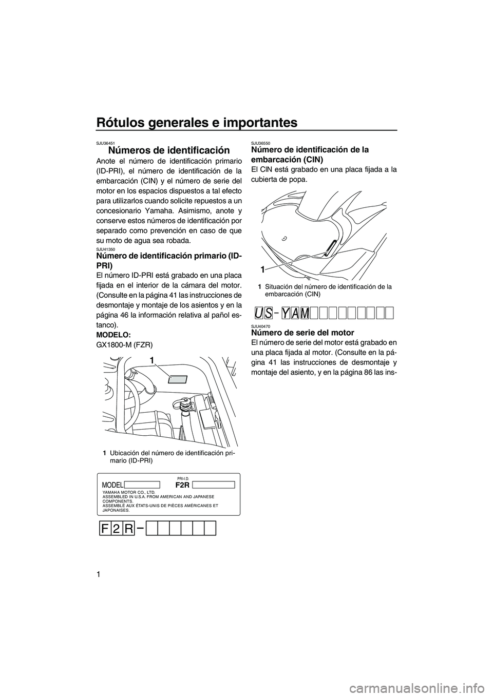 YAMAHA FZR 2013  Manuale de Empleo (in Spanish) Rótulos generales e importantes
1
SJU36451
Números de identificación 
Anote el número de identificación primario
(ID-PRI), el número de identificación de la
embarcación (CIN) y el número de s