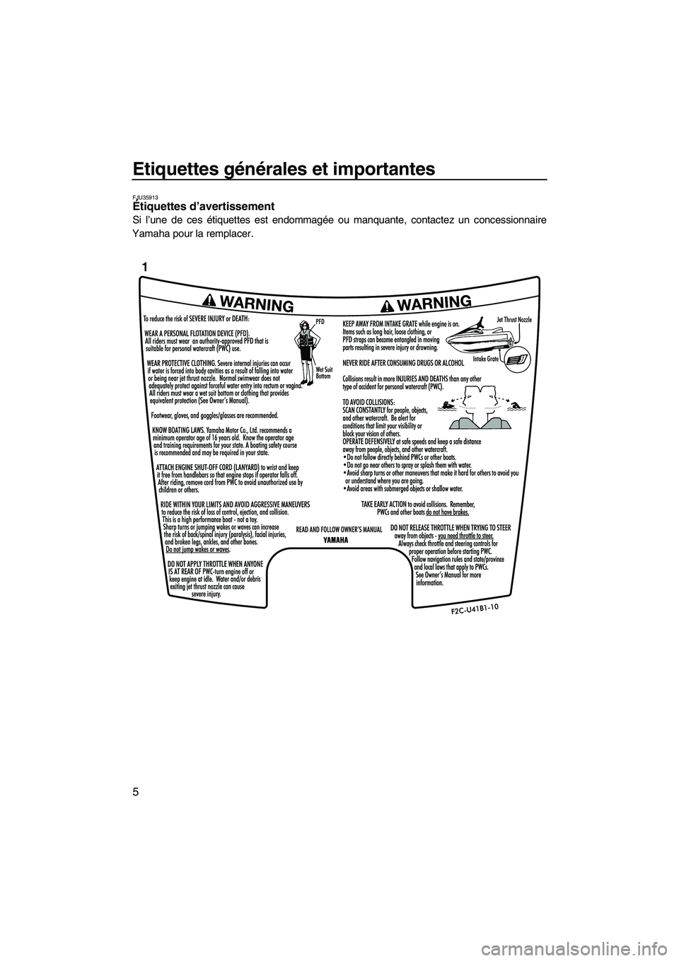 YAMAHA FZR 2013 Notices Demploi (in French) Etiquettes générales et importantes
5
FJU35913Étiquettes d’avertissement
Si l’une de ces étiquettes est endommagée ou manquante, contactez un concessionnaire
Yamaha pour la remplacer.
1
UF2R YAMAHA FZR 2013 Notices Demploi (in French) Etiquettes générales et importantes
5
FJU35913Étiquettes d’avertissement
Si l’une de ces étiquettes est endommagée ou manquante, contactez un concessionnaire
Yamaha pour la remplacer.
1
UF2R