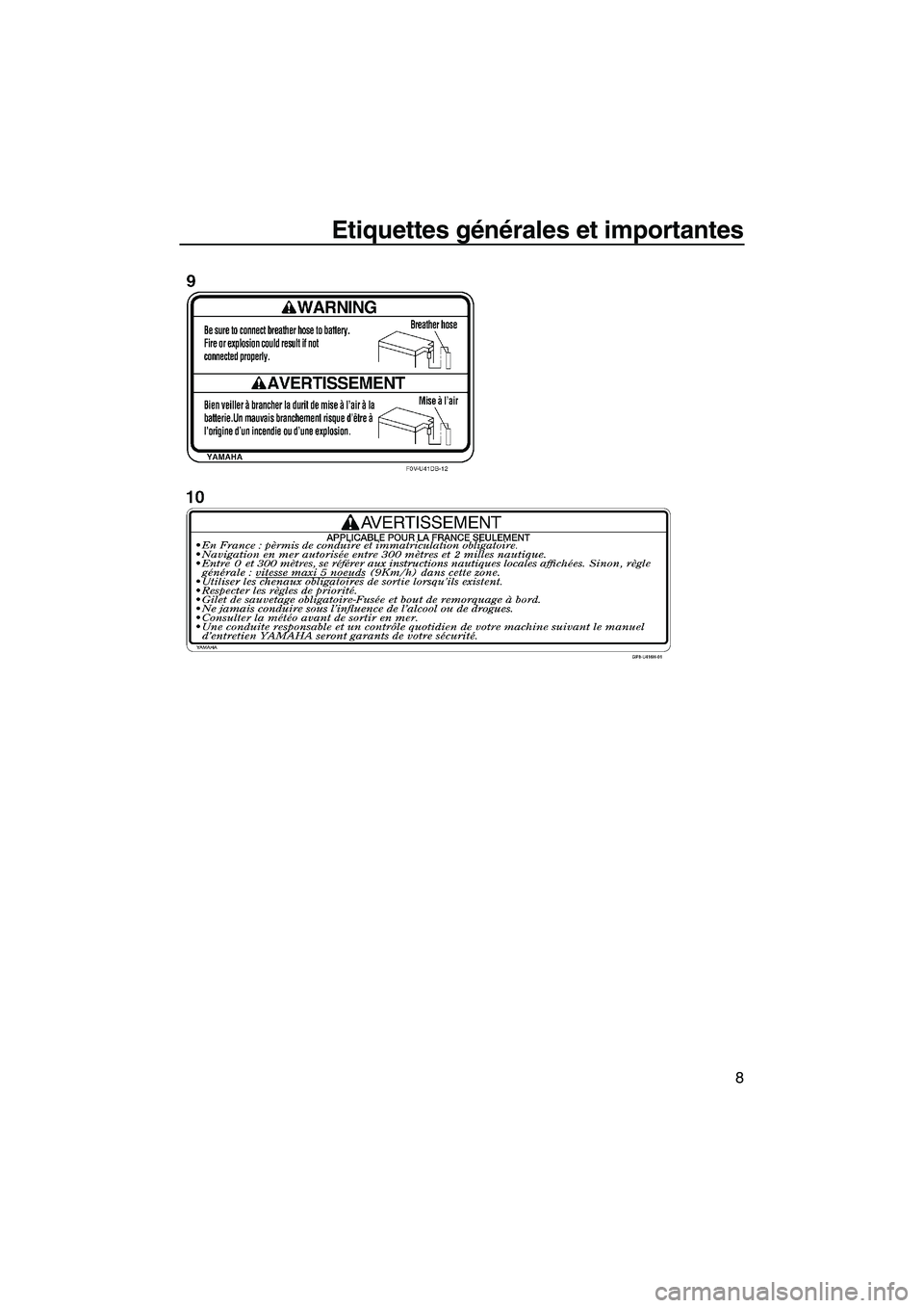 YAMAHA FZR 2013 Notices Demploi (in French) Etiquettes générales et importantes
8
UF2R74F0.book Page 8 Friday, August 10, 2012 11:18 AM YAMAHA FZR 2013 Notices Demploi (in French) Etiquettes générales et importantes
8
UF2R74F0.book Page 8 Friday, August 10, 2012 11:18 AM