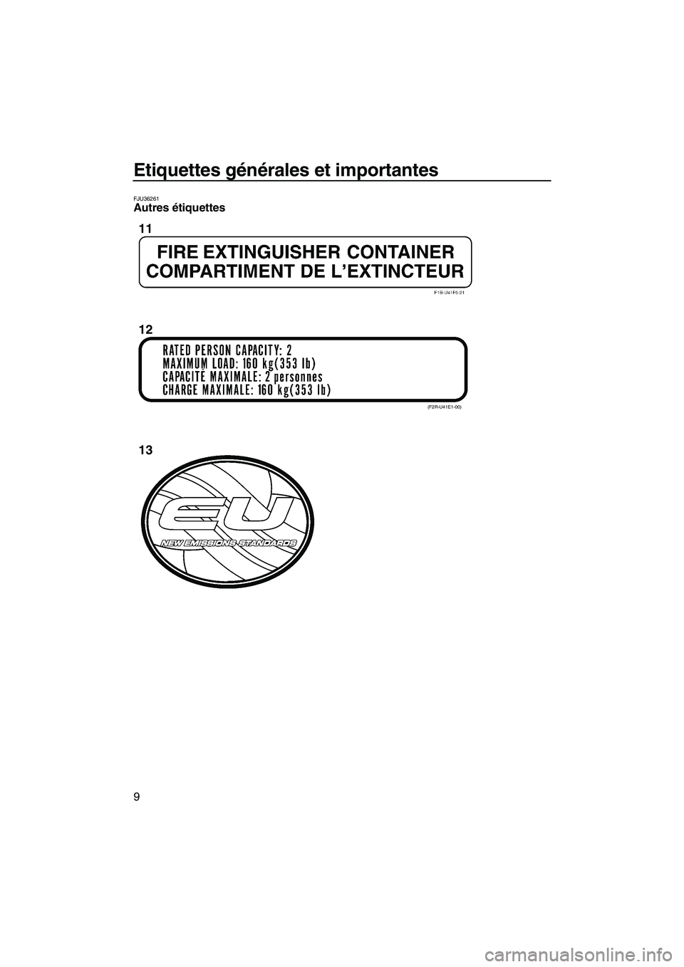 YAMAHA FZR 2013 Notices Demploi (in French) Etiquettes générales et importantes
9
FJU36261Autres étiquettes
(F2R-U41E1-00)
11
12
13
UF2R74F0.book Page 9 Friday, August 10, 2012 11:18 AM YAMAHA FZR 2013 Notices Demploi (in French) Etiquettes générales et importantes
9
FJU36261Autres étiquettes
(F2R-U41E1-00)
11
12
13
UF2R74F0.book Page 9 Friday, August 10, 2012 11:18 AM