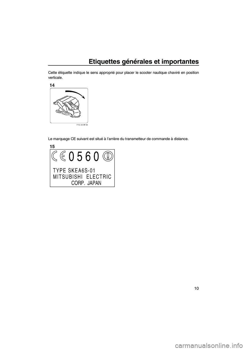 YAMAHA FZR 2013 Notices Demploi (in French) Etiquettes générales et importantes
10
Cette étiquette indique le sens approprié pour placer le scooter nautique chaviré en position
verticale.
Le marquage CE suivant est situé à l’arrière d YAMAHA FZR 2013 Notices Demploi (in French) Etiquettes générales et importantes
10
Cette étiquette indique le sens approprié pour placer le scooter nautique chaviré en position
verticale.
Le marquage CE suivant est situé à l’arrière d
